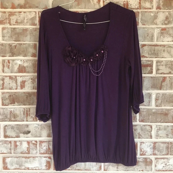 Andrea Purple Beaded Rosette  Blouse - Picture 1 of 8